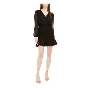 LEYDEN Womens Sheath Short Dress Black Long Sleeve V Neck Juniors S